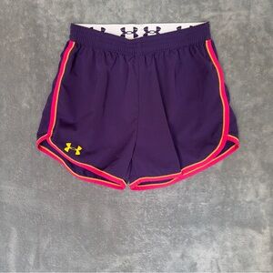 Under Armour Running Athletic Shorts - Purple with Pink and Yellow size medium